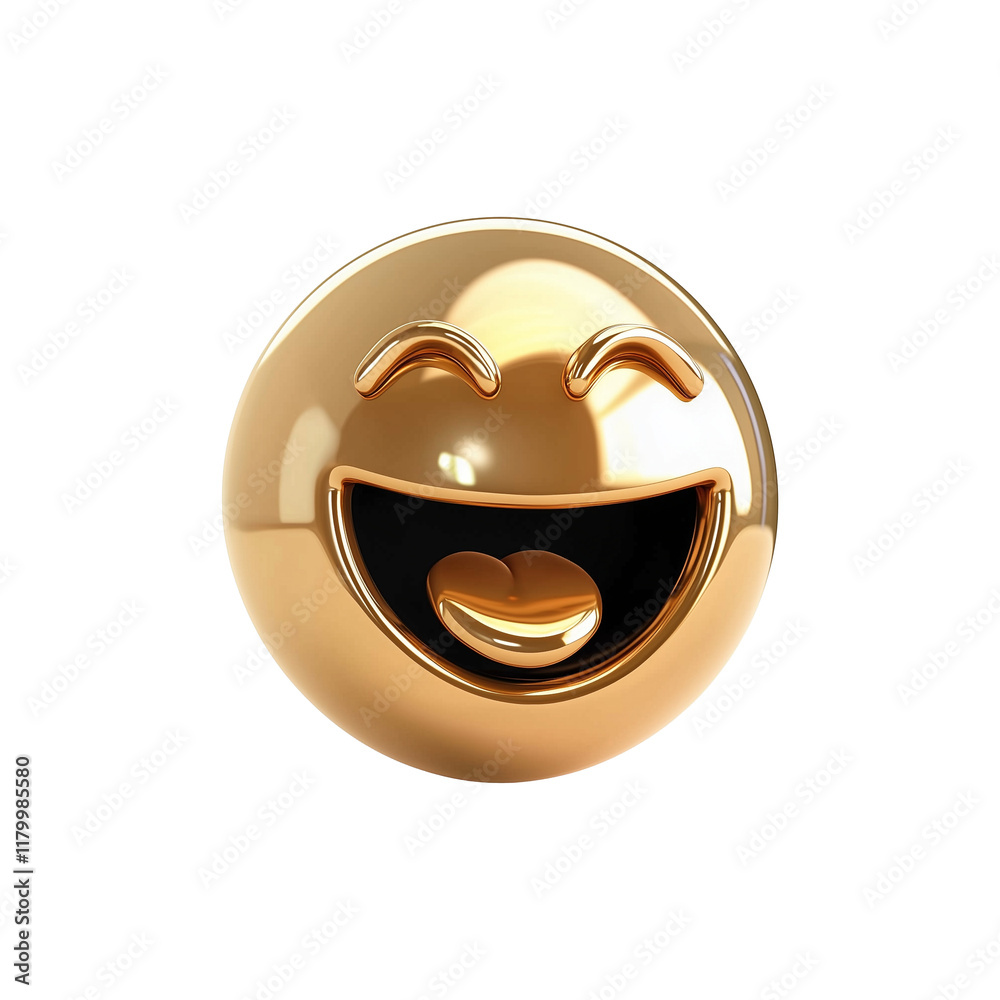 Poster shiny 3d golden emoji with joyful expression, featuring closed eyes and wide open smile, isolated on