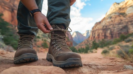 close-up of hands tying hiking boots, with a rugged trail and towering cliffs in the background