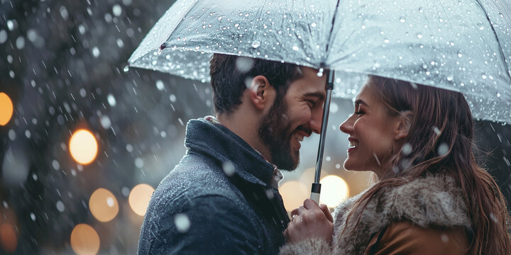 couple sharing umbrella in rain, smiling warmly at each other amidst glowing bokeh lights, creating romantic and cozy atmosphere