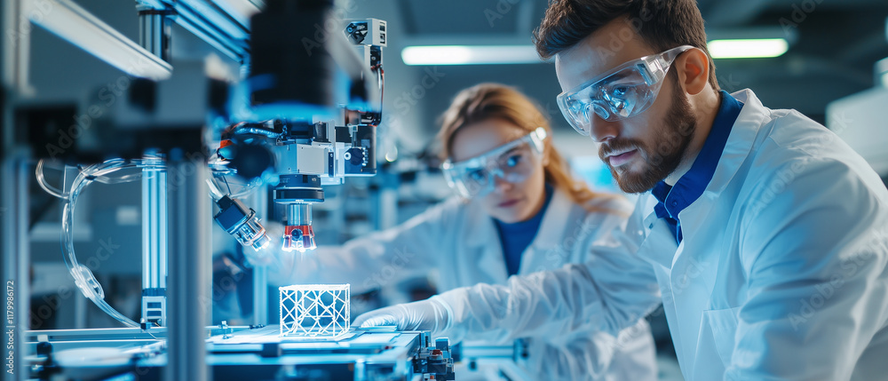 Poster Scientists in laboratory using advanced 3D printing technology to create intricate structures, showcasing innovation and precision in modern research and development