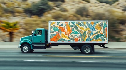 colorful rainbow delivery truck speeding down a highway, symbolizing the swift and efficient transportation of goods to customer