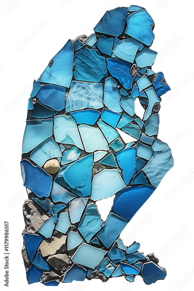 Poster silhouette of person in thoughtful pose created with mosaic of blue seashell like glass pieces, isol