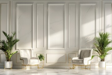 Elegant interior space with two stylish armchairs and lush greenery inviting relaxation in a modern design