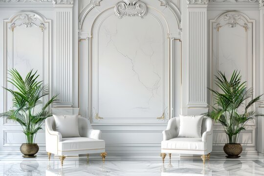 Elegant sitting area with luxurious decor showcasing classic architecture and greenery for a serene atmosphere