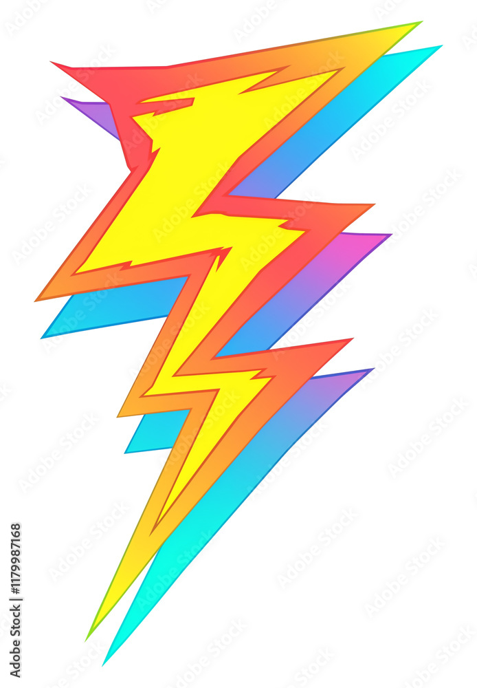 Poster Vibrant lightning bolt in rainbow gradient colors isolated on transparency background, showcasing bold and energetic design with sharp edges and dynamic appearance