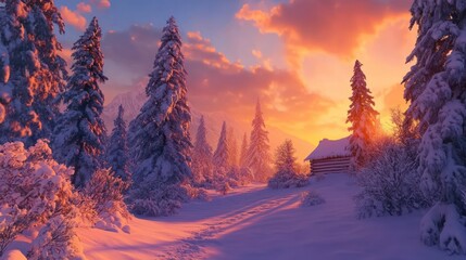 Snowy mountain cabin sunset winter wonderland landscape