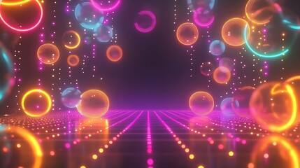 Neon Circles Illuminate a Futuristic Grid Landscape