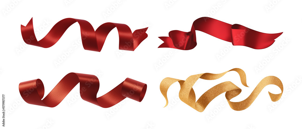 Poster festive red and gold ribbons in various styles isolated on transparency background, perfect for holi