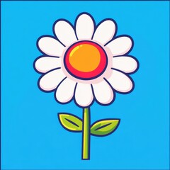Bright and Cheerful Flower Illustration with White Petals and Yellow Center on a Vibrant Blue Background, Perfect for Children’s Themes and Spring Designs