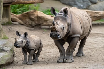 Fototapeta premium White Rhino Mother and Calf Walking Together in Sanctuary
