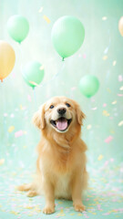Happy birthday. Joyful golden retriever surrounded by pastel balloons and confetti