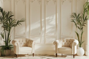 Cozy elegant chairs with lush greenery in a bright and airy room create a serene space for relaxation