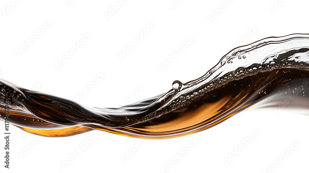 Poster dynamic close up of dark brown liquid flowing in smooth wave, with bubbles and reflections creating sense of motion and texture against transparency background