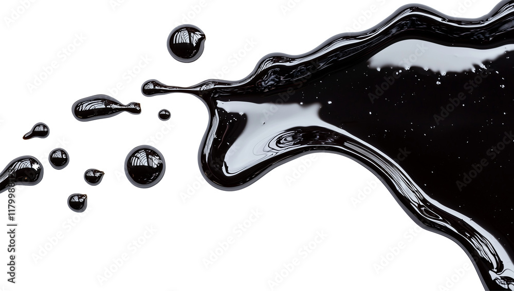 Poster Abstract black liquid splash with droplets on transparency background, showcasing glossy and reflective texture in dynamic flow