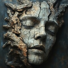 Serene face sculpted from clay, merging with tree bark texture; showing cracks and crevices.
