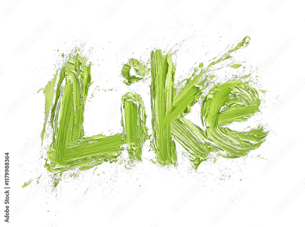 Poster green like text created with rough textured brushstrokes on transparency background, showcasing bold