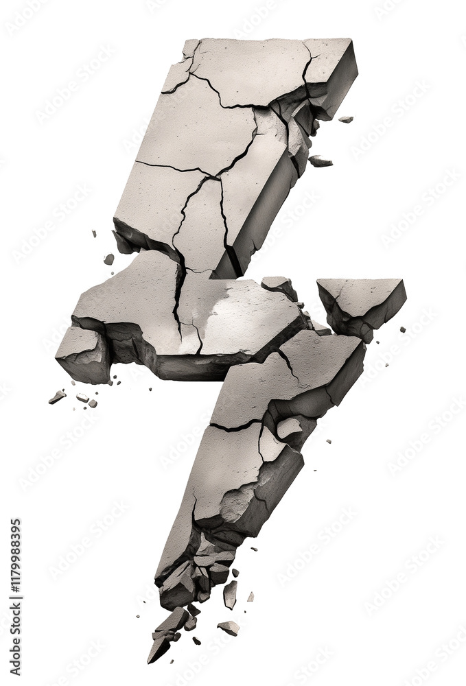 Aufkleber Cracked concrete arrow symbol isolated on transparency background, showcasing broken and fragmented design with sharp edges and realistic texture
