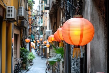 Asian alleyway lanterns illuminate narrow street, city background