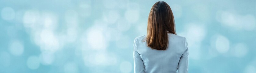 Naklejka premium A woman stands facing away, looking at a serene blue background, embodying contemplation and introspection.