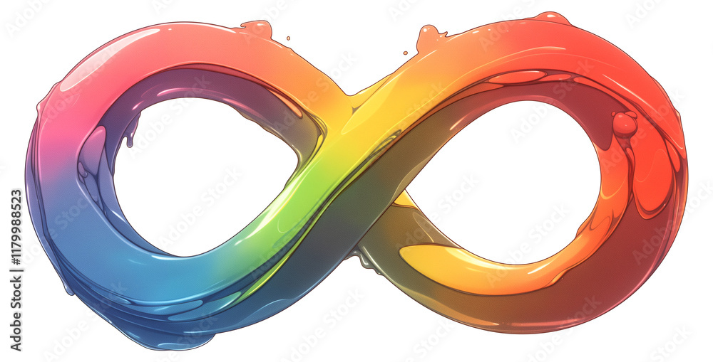 Poster vibrant infinity symbol with holographic rainbow surface and liquid like texture, blending colors seamlessly to create dynamic and futuristic design