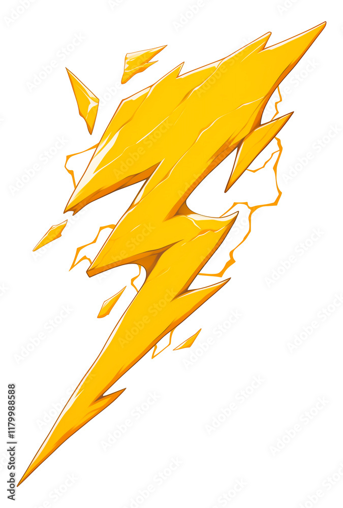 Poster sharp angular yellow lightning bolt design with jagged edges and dynamic energy, symbolizing power and speed, isolated on transparent background
