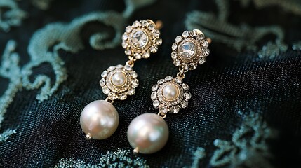 A pair of earrings with a pearl and crystal design