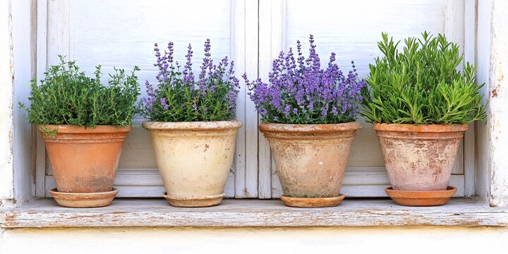 Rustic Charm Lavender Rosemary Herbs in Terracotta Pots on White Windowsill