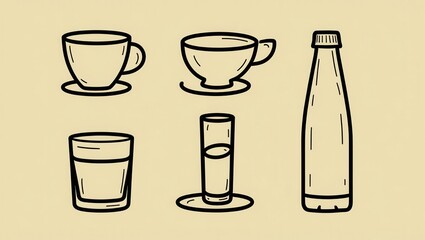 Simple Line Art Illustration of Coffee Cups Glass and Bottle