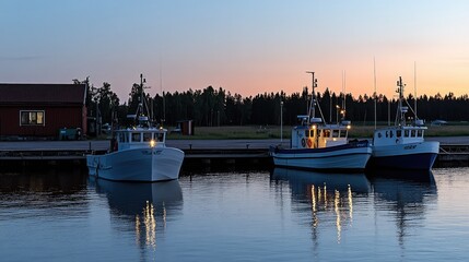 Fishing boats moored at sunset.