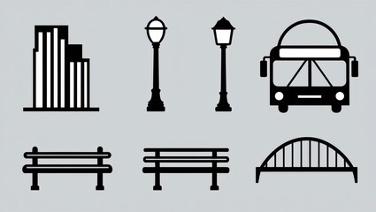 Fototapeta premium Cityscape Icons Building Lamps Bus Benches Bridge Urban Infrastructure Graphics