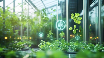 Futuristic Digital Greenhouse with Floating Plants and Irrigation Icons in Glassy Interior
