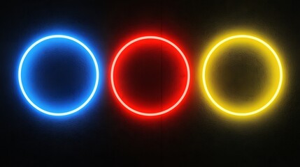 Three Neon Circles Illuminate a Dark Wall