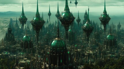 Floating emerald city cityscape in the sky.