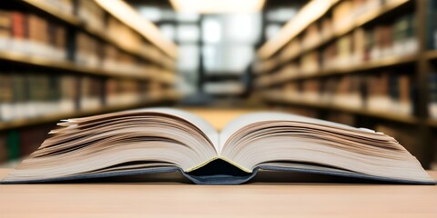 Fototapeta premium An open book resting on a table, with a library filled with shelves of books in the blurred background. Concept Open Book on Table, Library Ambience, Shelves of Books, Soft Focus Background