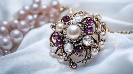 A gold and white necklace with a pearl and purple stone