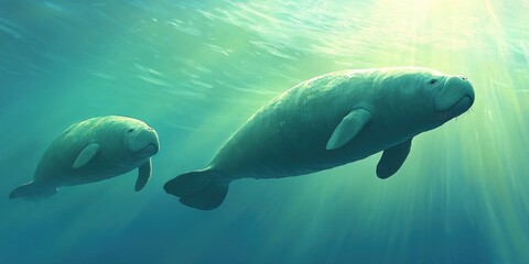 Obraz premium Serene Manatees Graceful Underwater Dance Sunlight Rays Ocean Life