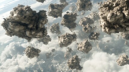 Floating rocks over city cloudscape. Possible use science fiction, fantasy art.