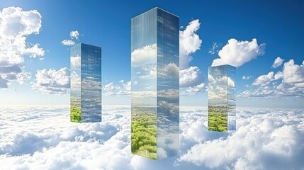 Floating skyscrapers reflect landscape on cloudscape. Possible stock photo.