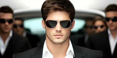A confident man in sunglasses and a suit stands prominently, flanked by others in black sunglasses, creating a sense of mystery and style. Concept Confident Man in Suit, Sunglasses Fashion