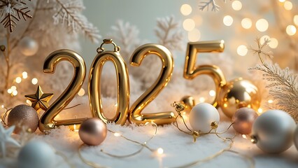 Golden 2025 New Year Celebration Scene,
Festive 2025 Decoration with Warm Light,s
Elegant Holiday Display for New Year 2025. Ai