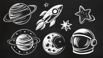 Chalkboard Space Illustration Planets Rocket Astronaut Helmet Stars