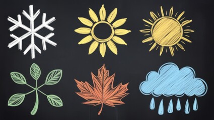 Colorful Chalk Drawings of Four Seasons Sun Snow Leaves Rain on Blackboard