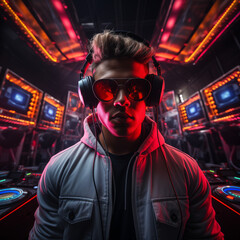 Obraz premium Focused Gamer in a Vibrant Gaming Setup