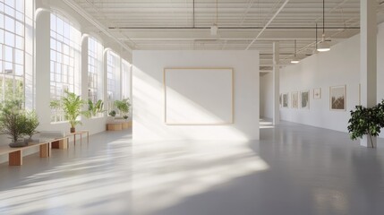 Sunlit gallery showcasing blank canvas, plants, artwork