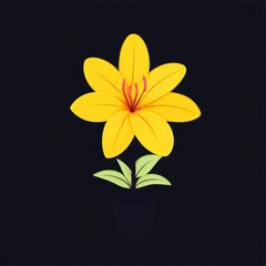 Vibrant Yellow Flower Illustration Against a Dark Background with Green Leaves in a Simple Pot, Perfect for Floral Designs and Creative Projects