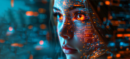 Close-up of woman's face with glowing red cybernetic eyes, seamlessly integrated with complex tech elements, circuits, holographic data. Virtual reality, human-machine integration in cybernetic