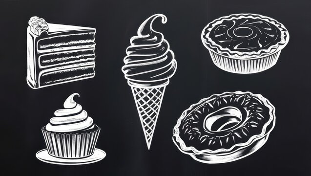 Delicious Chalkboard Dessert Menu Cake Ice Cream Cupcake and Pies