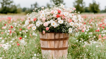 Floral arrangement in wooden barrel, poppy field.
