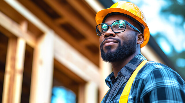 Black, afro american, confident construction worker wearing yellow safety helmet and plaid shirt, standing in front of wooden house structure under construction. Partially built frame on background