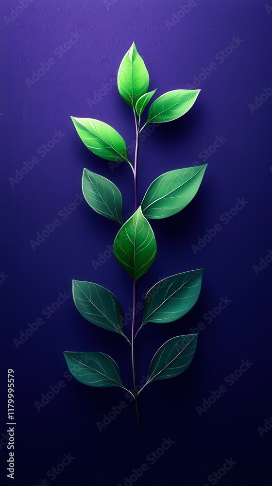 Poster lush green leaves arranged vertically against a deep blue background create a striking contrast in b